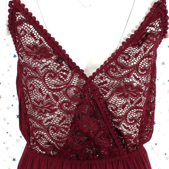 Surplice Lace Pompom Cami Romper Burgundy - Picture 7 of 8